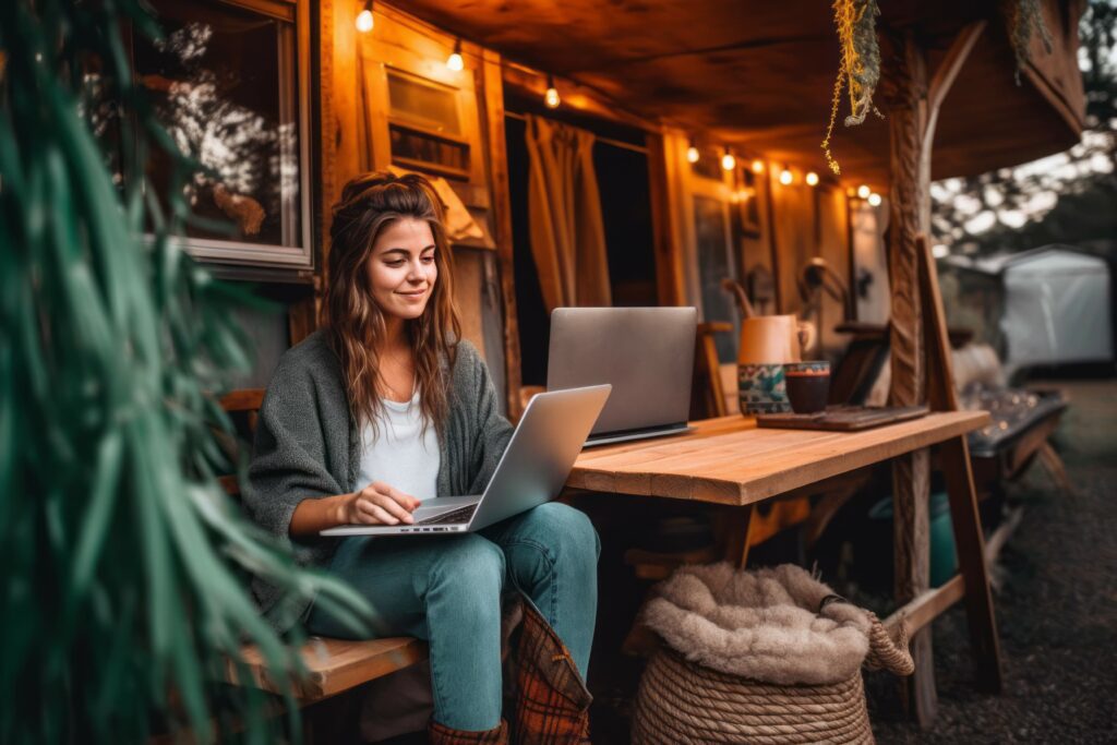 Young woman digital nomad engaging in remote work outside her vintage camper van, epitomizing the mobile, van life lifestyle